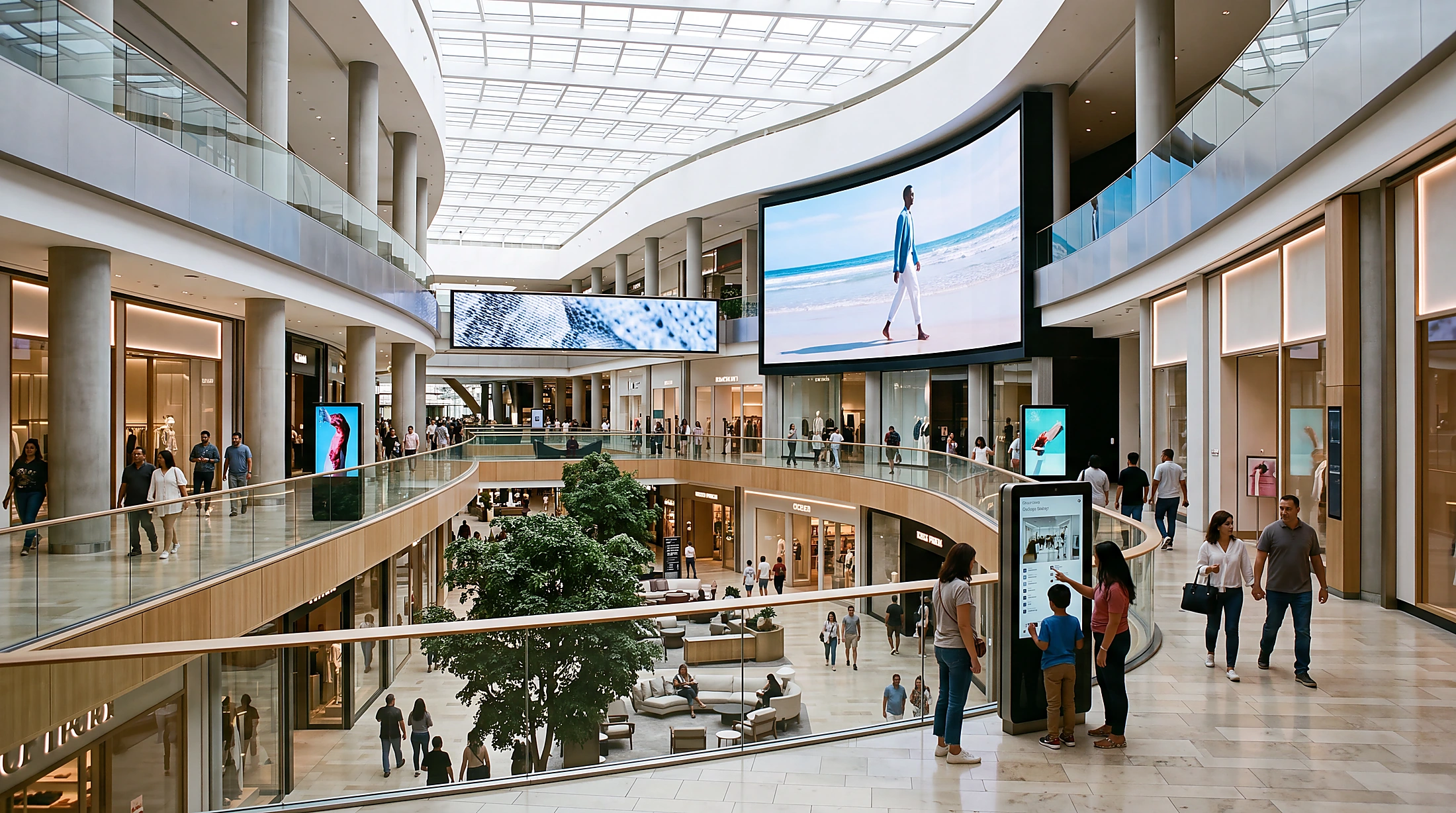 Dijital ekranlarla donatılmış modern alışveriş merkezi