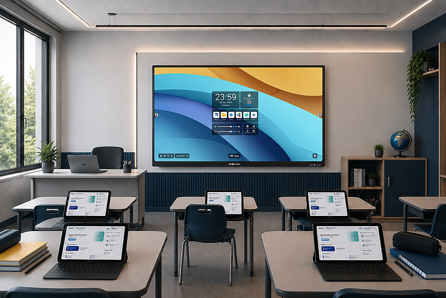 EmkoBoard ve öğrenci cihazlarıyla donatılmış modern sınıf