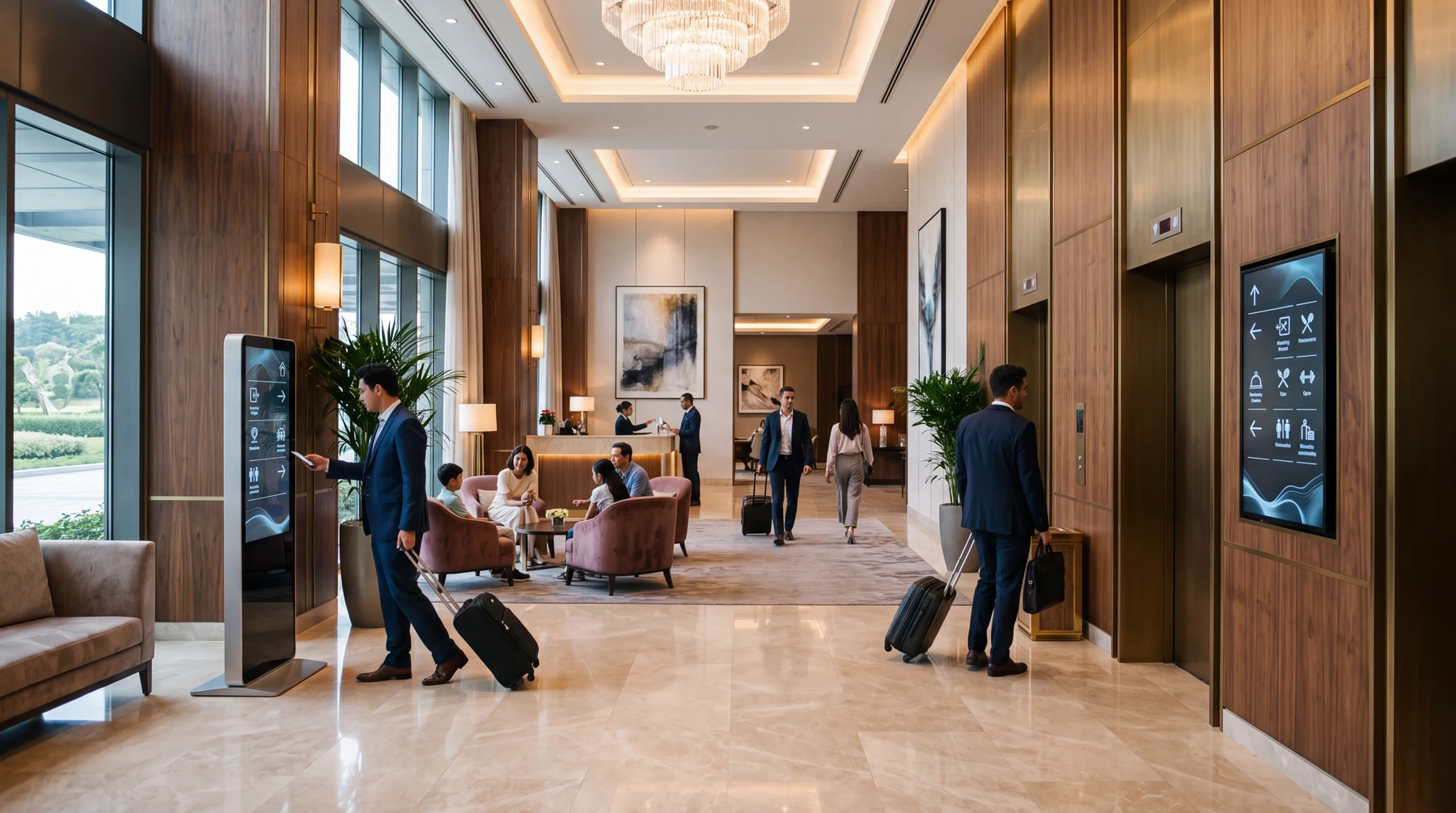 Otel koridorunda dijital yönlendirme ekranı