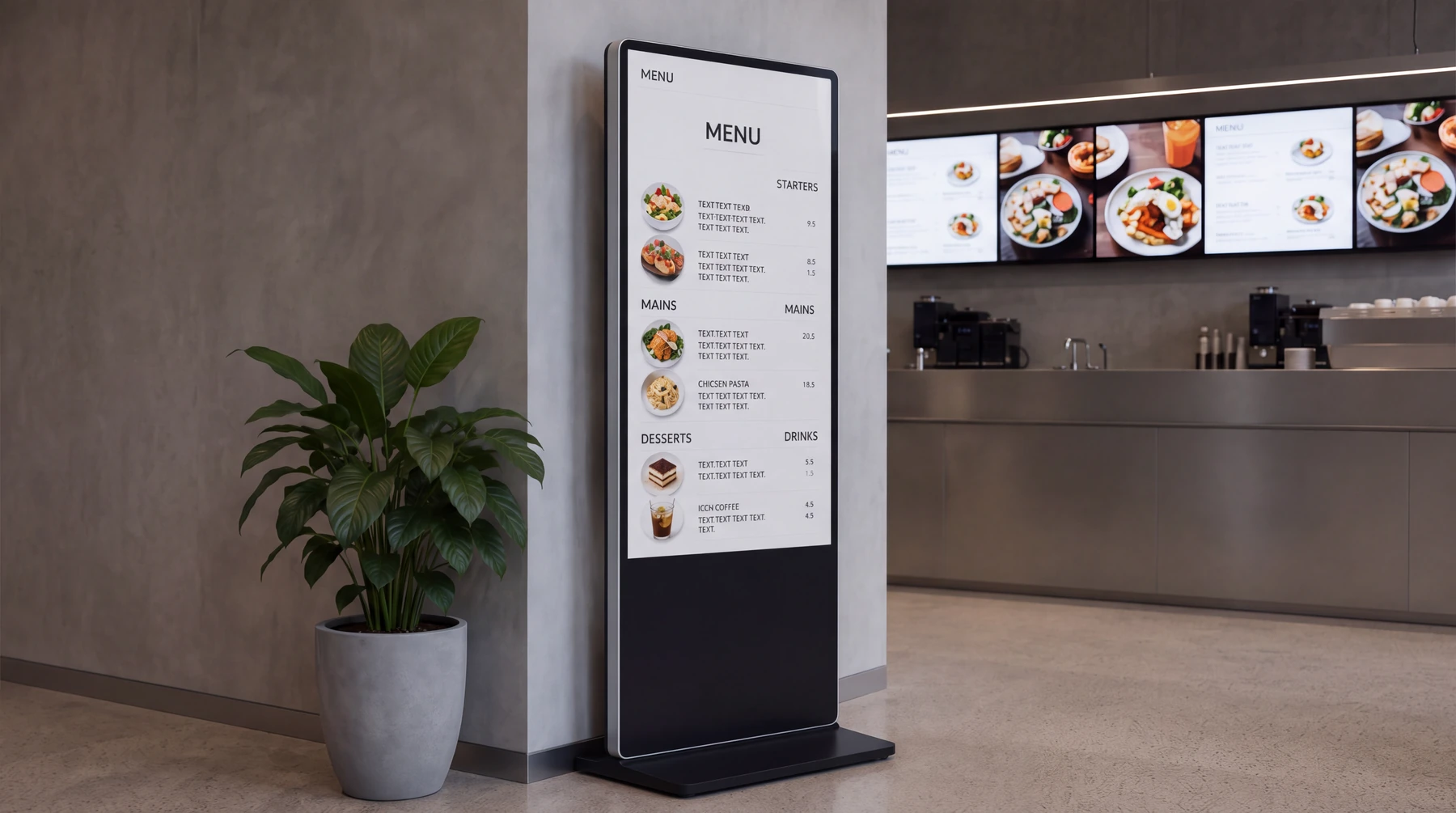 Restoran içinde dijital kiosk ve bilgi ekranları