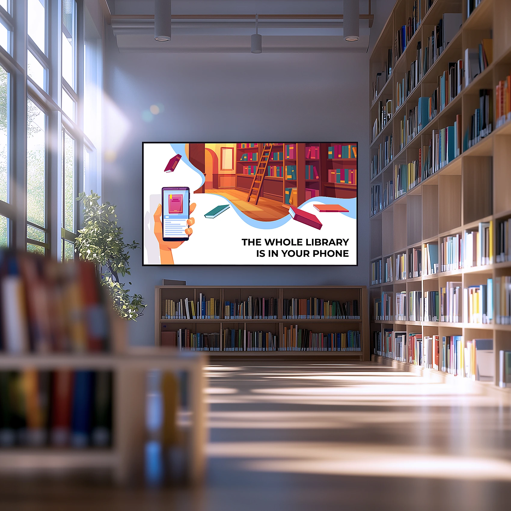 Kütüphanede kullanılan dijital signage ekranı