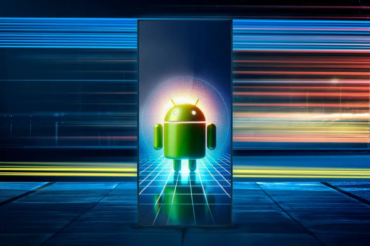 Arka planda canlı mavi, sarı ve kırmızı ışık çizgileri bulunan fütüristik, dijital bir ekranda parlayan bir Android robot simgesi görüntüleniyor ve hız ve teknolojiyi çağrıştırıyor.