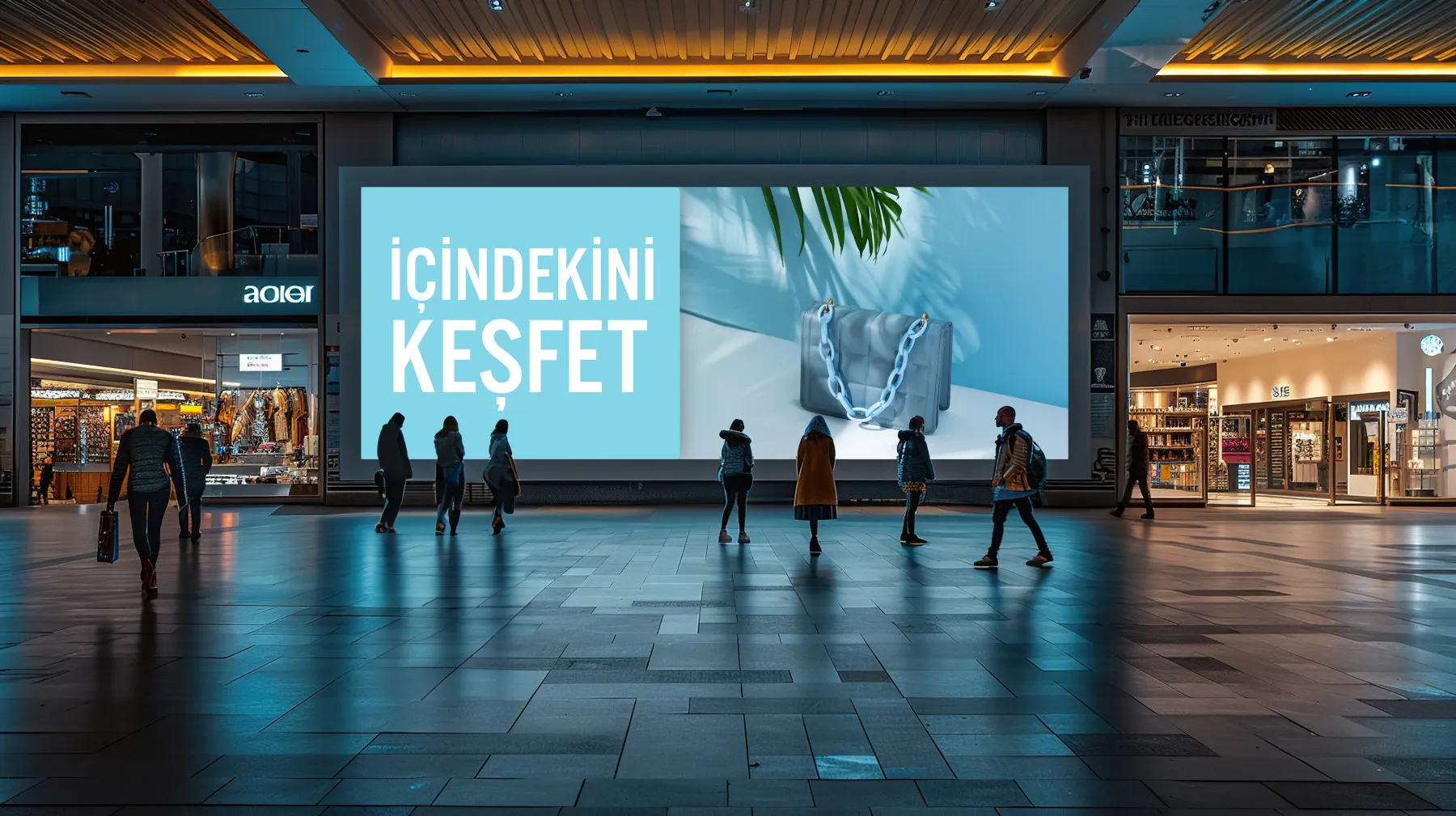 İnsanlar gece vakti modern bir alışveriş merkezinde yürüyor. Büyük bir dijital reklam panosunda bir el çantası ve "İçindekini Keşfet" anlamına gelen Türkçe bir ifade yer alıyor. Alışveriş merkezi parlak bir şekilde aydınlatılmıştır.