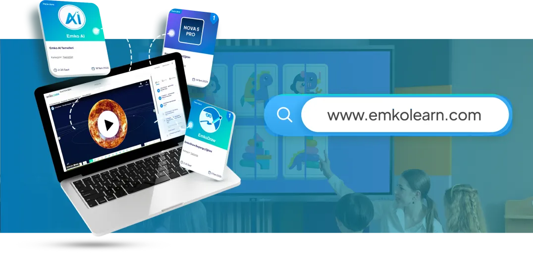 Etrafında eğitim kartları ve yazılım kutuları yüzen bir video gösteren dizüstü bilgisayar. Arka planda, bir sınıftaki çocuklar bir ekranla etkileşim halindedir. Bir arama çubuğu www.emkolearn.com adresini gösterir.