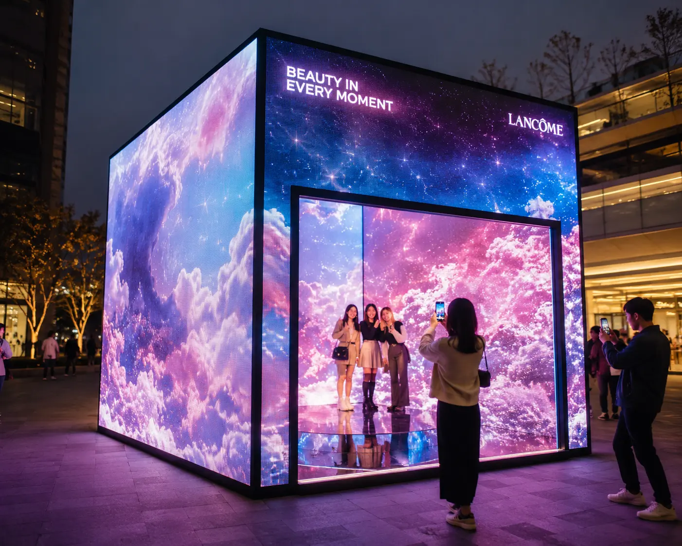 Renkli çoklu LED ekranlardan oluşan immersive deneyim alanı