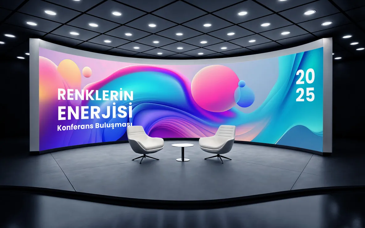 Renkli soyut şekiller ve Türkçe metinler gösteren büyük kavisli bir ekranın önünde iki beyaz sandalye ve küçük bir masa bulunan modern bir konferans odası: Renklerin Enerjisi Konferans Buluşması 2025.
