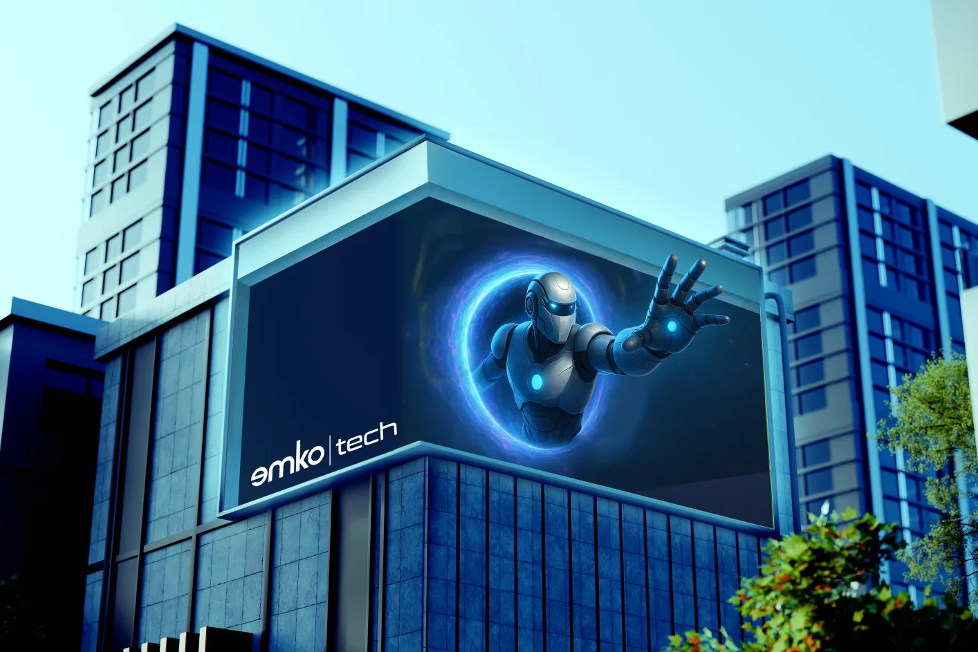 Modern bir binanın üzerindeki büyük bir dijital reklam panosunda, arkasında parlayan mavi bir portal ile ileriye doğru uzanan fütüristik bir robot gösteriliyor. Reklamın sol alt köşesinde emko tech yazısı yer almaktadır.